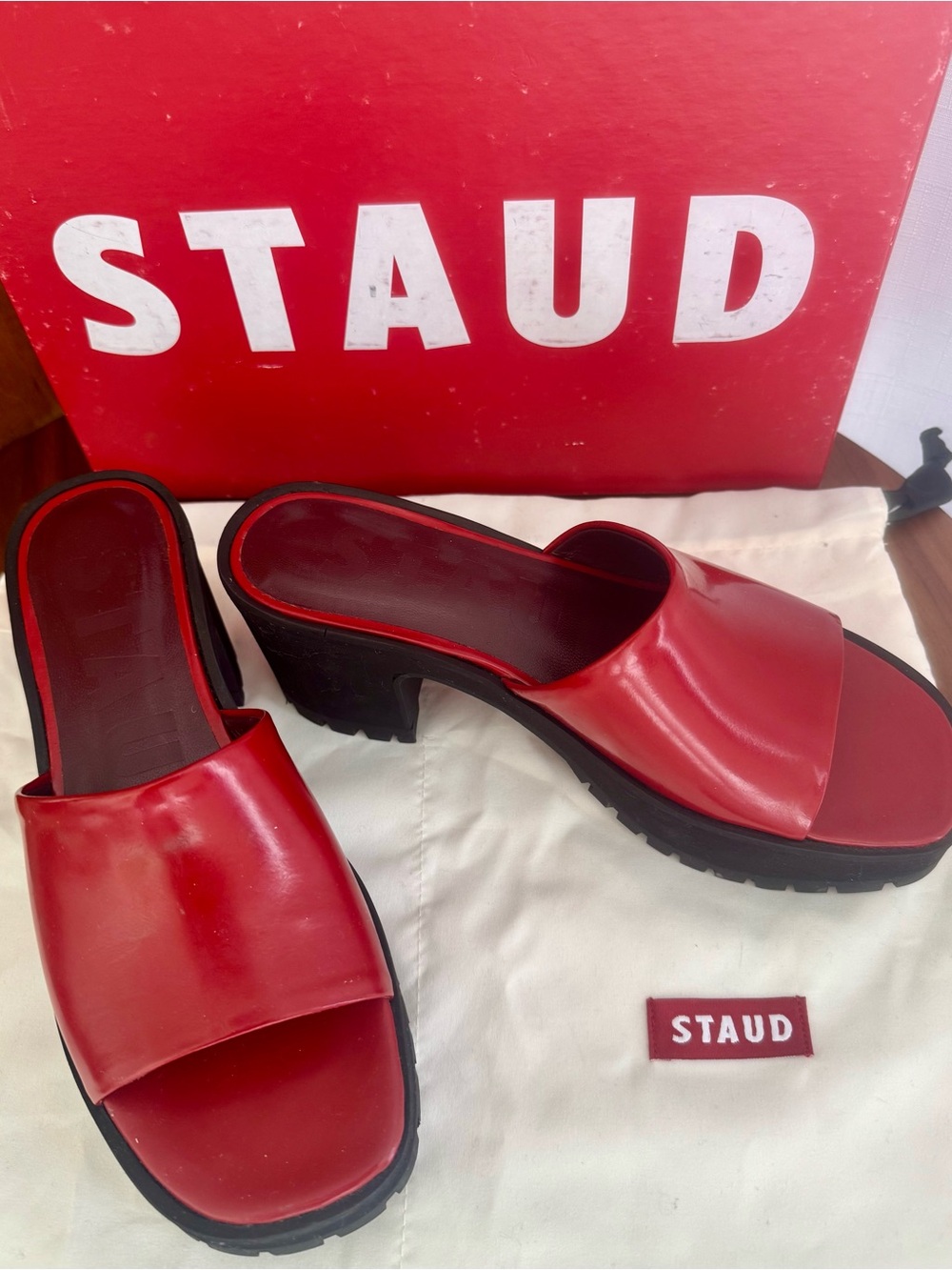 STAUD $375 Amber Red Leather Sandals Platform Mules 6